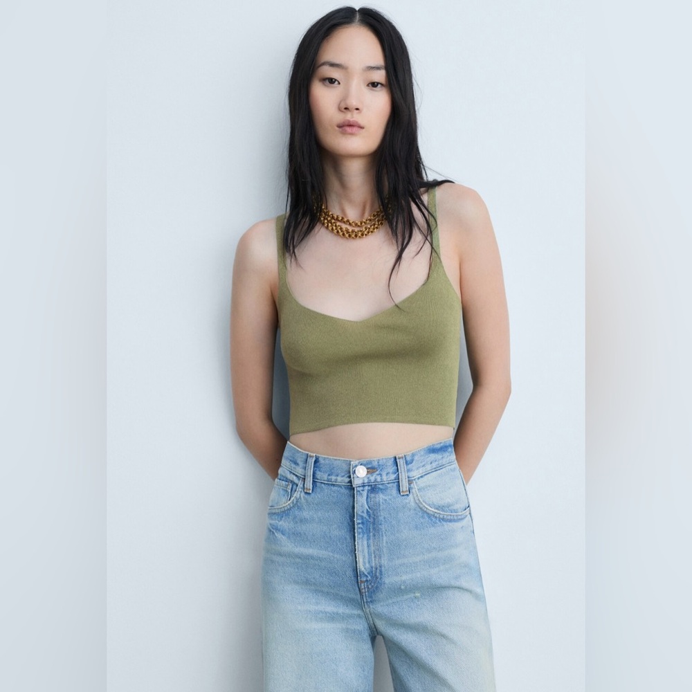 Mango Knitted Olive Green Crop Top